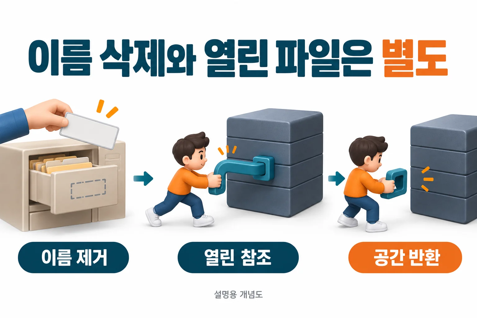 이름 삭제와 열린 파일은 별도: 이름 제거, 열린 참조, 공간 반환