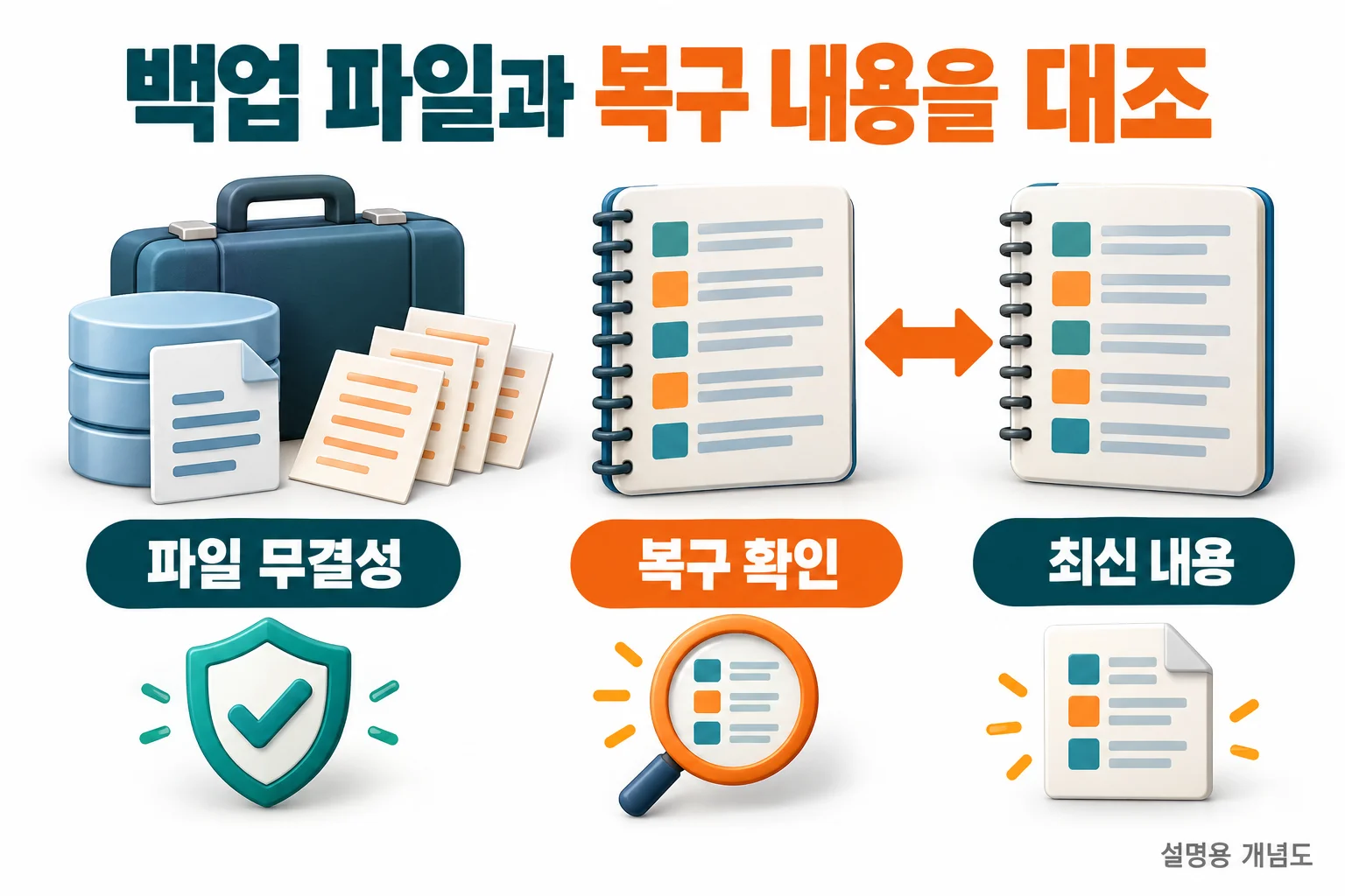 백업 파일과 복구 내용을 대조: 파일 무결성, 최신 내용, 복구 확인