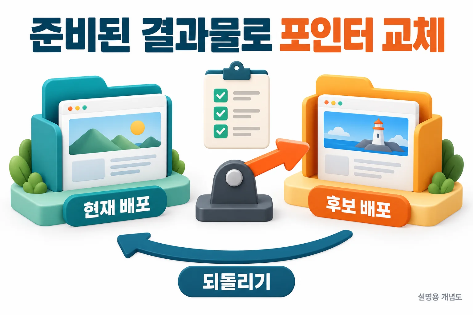 준비된 결과물로 포인터 교체: 현재 배포, 후보 배포, 되돌리기